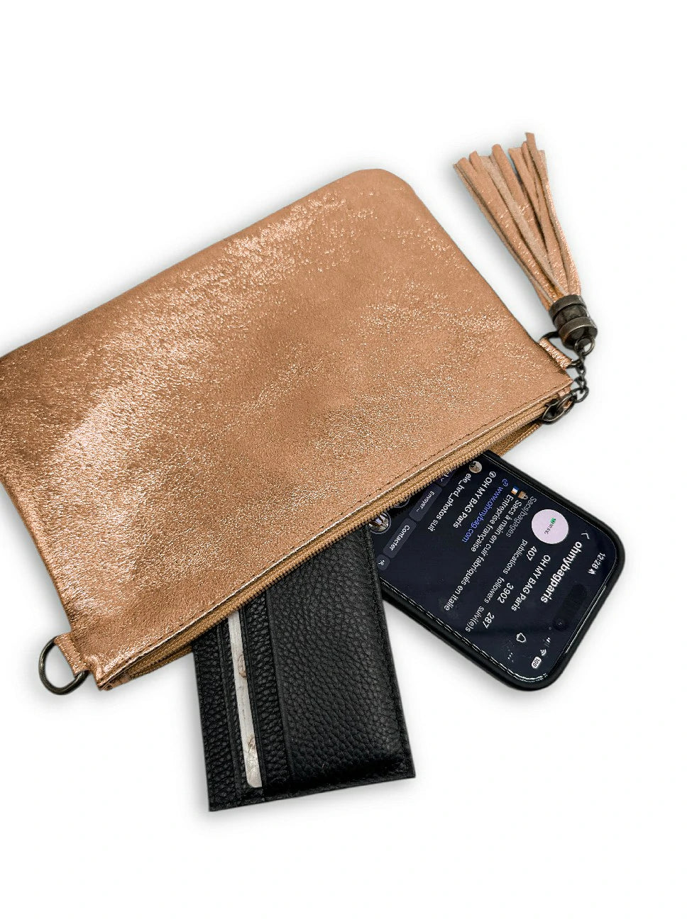 MORGANE iridescent leather clutch bag Rose Gold