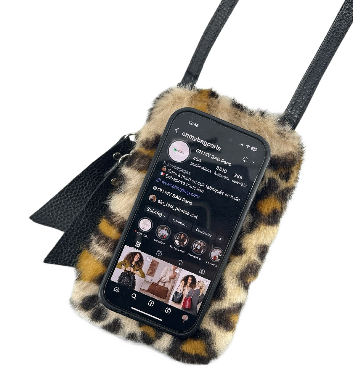 Sac pochette téléphone en cuir et poils synthétiques TABBY POCKET Léopard crème