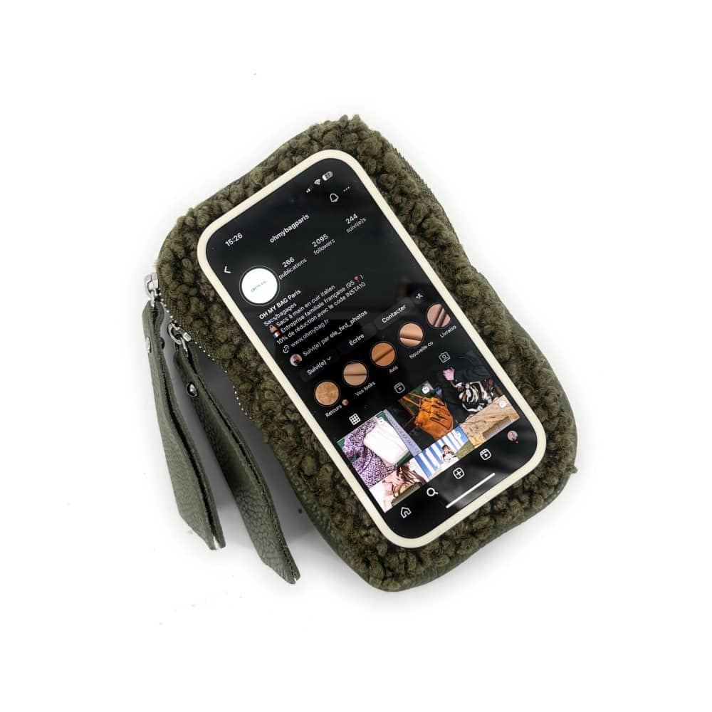 Pochette téléphone en peluche TEDDY Kaki