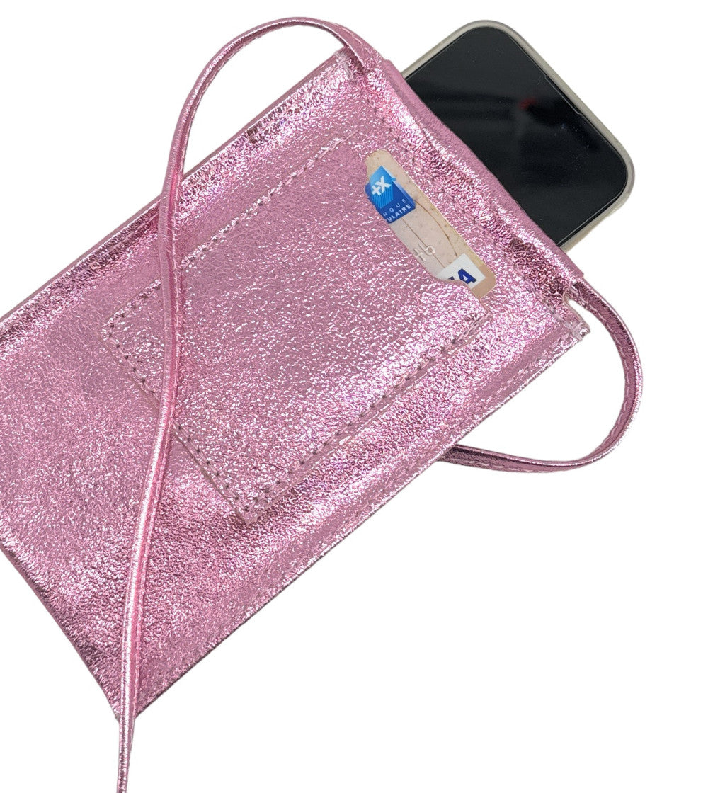 Pochette téléphone en cuir irisé EASY Rose pâle irisé