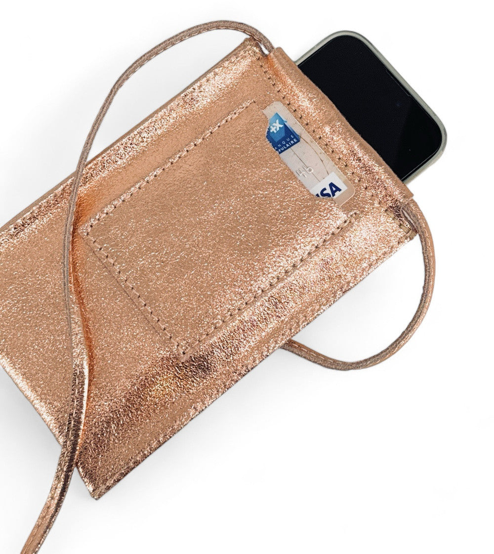 Pochette téléphone en cuir irisé EASY Rose gold