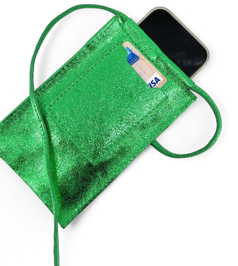 Pochette téléphone en cuir irisé EASY Vert anglais irisé