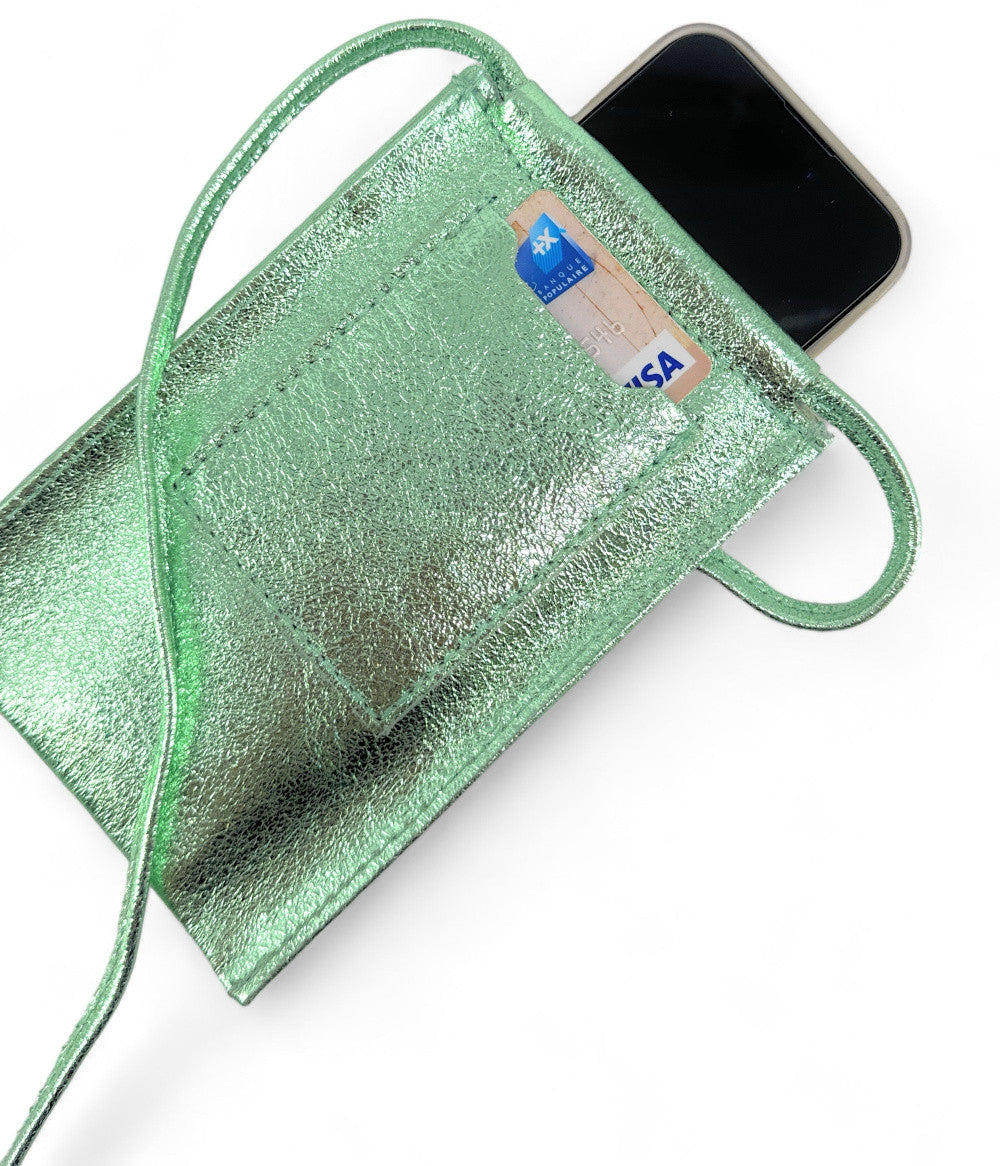 Pochette téléphone en cuir irisé EASY Menthe givrée