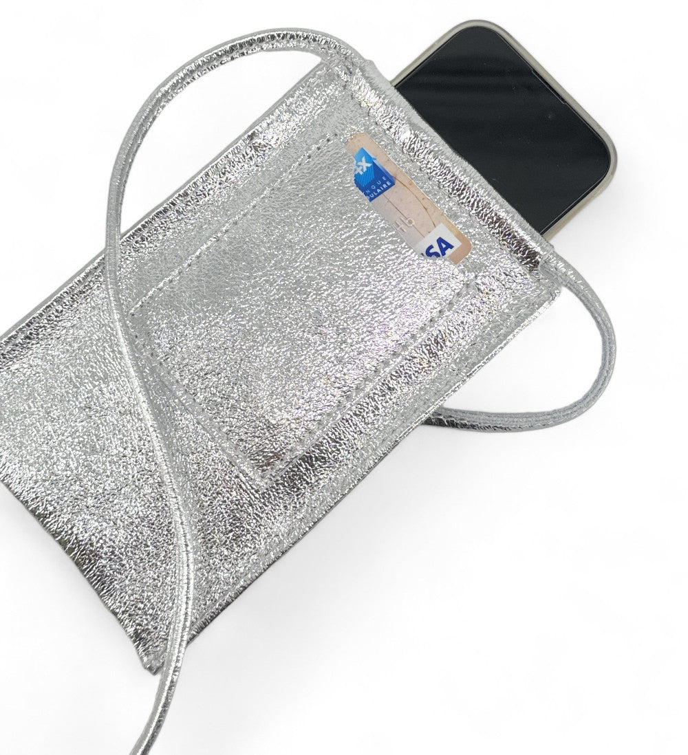 Pochette téléphone en cuir irisé EASY Argent clair