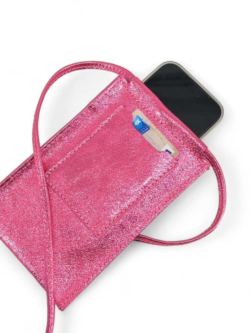 Pochette téléphone en cuir irisé EASY Rose néon
