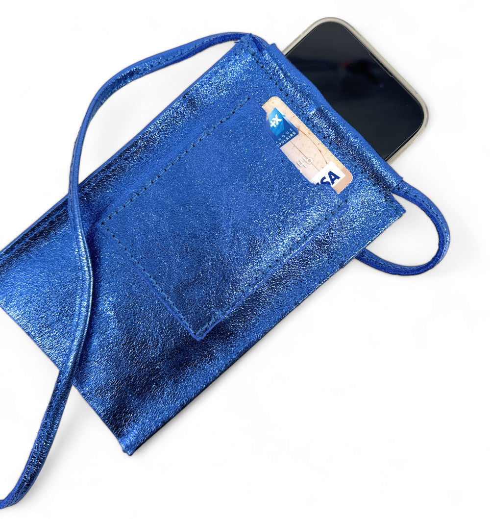 Pochette téléphone en cuir irisé EASY Bleu roi irisé