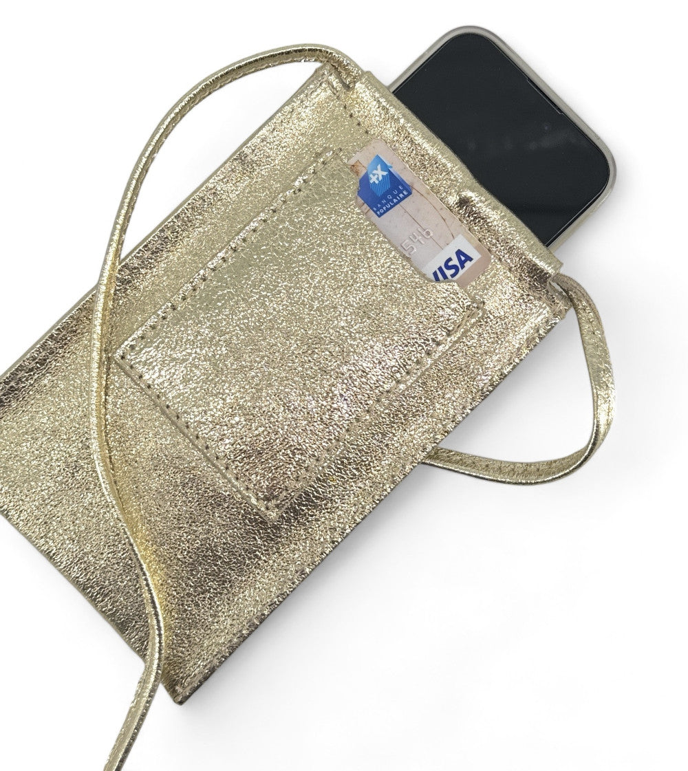 Pochette téléphone en cuir irisé EASY Or pâle