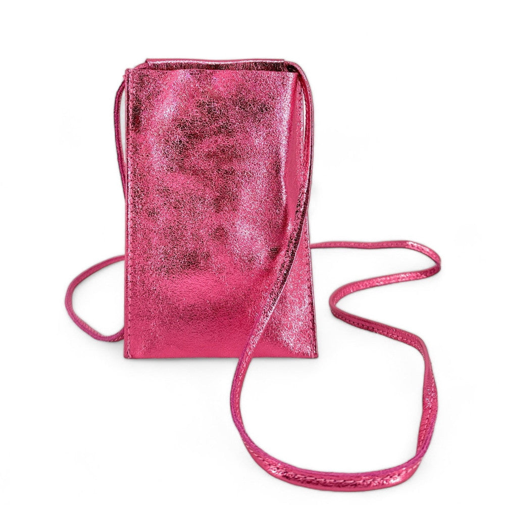 Pochette téléphone en cuir irisé EASY Rose néon