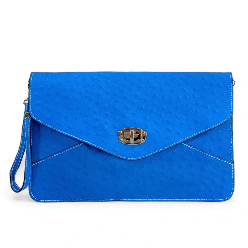 Pochette XL en cuir néon façon autruche IBIZA ROCKS Bleu fluo