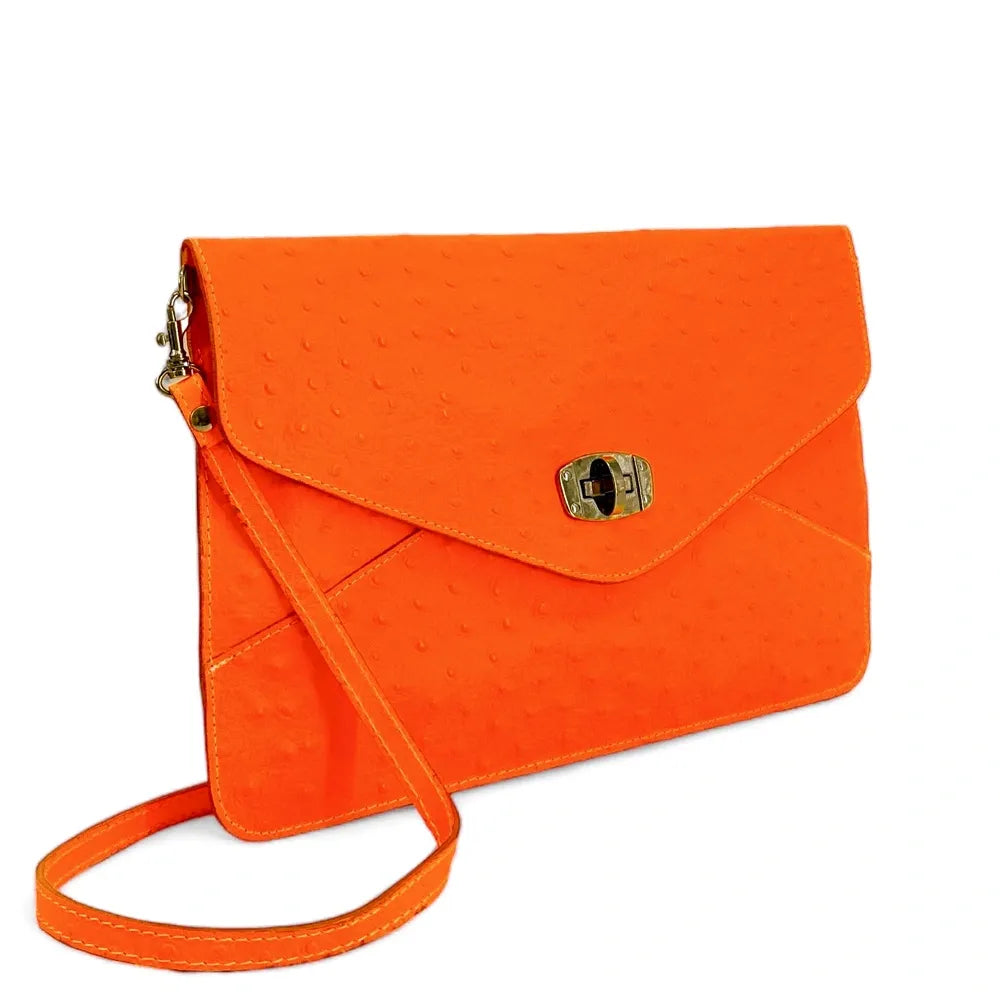 Pochette XL en cuir néon façon autruche IBIZA ROCKS Orange fluo