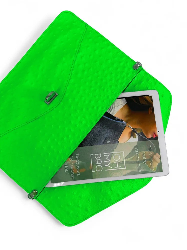 Pochette XL en cuir néon façon autruche IBIZA ROCKS Vert fluo