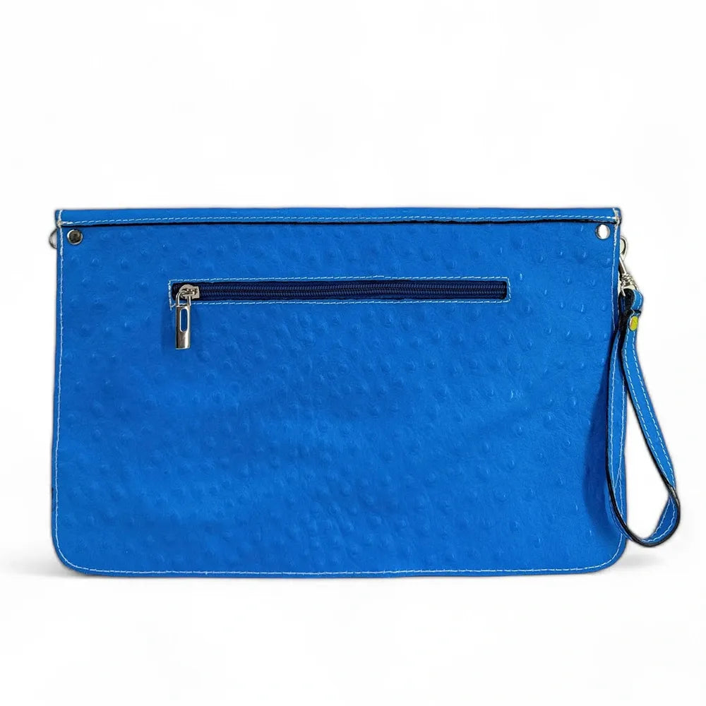Pochette XL en cuir néon façon autruche IBIZA ROCKS Bleu fluo