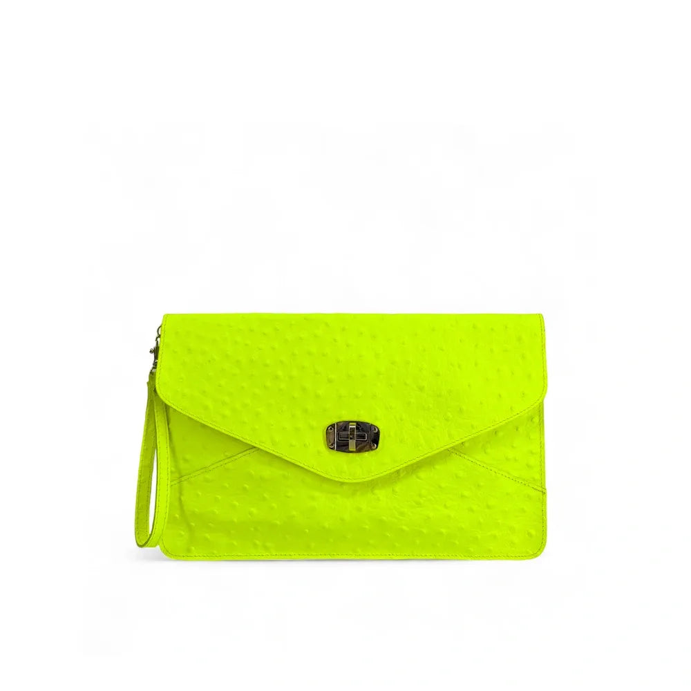 Pochette XL en cuir néon façon autruche IBIZA ROCKS Jaune fluo