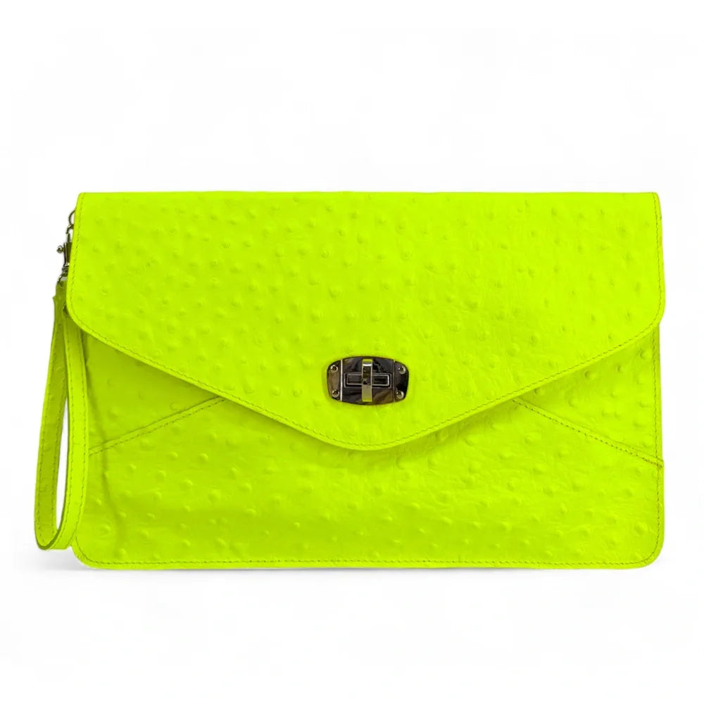 Pochette XL en cuir néon façon autruche IBIZA ROCKS Jaune fluo