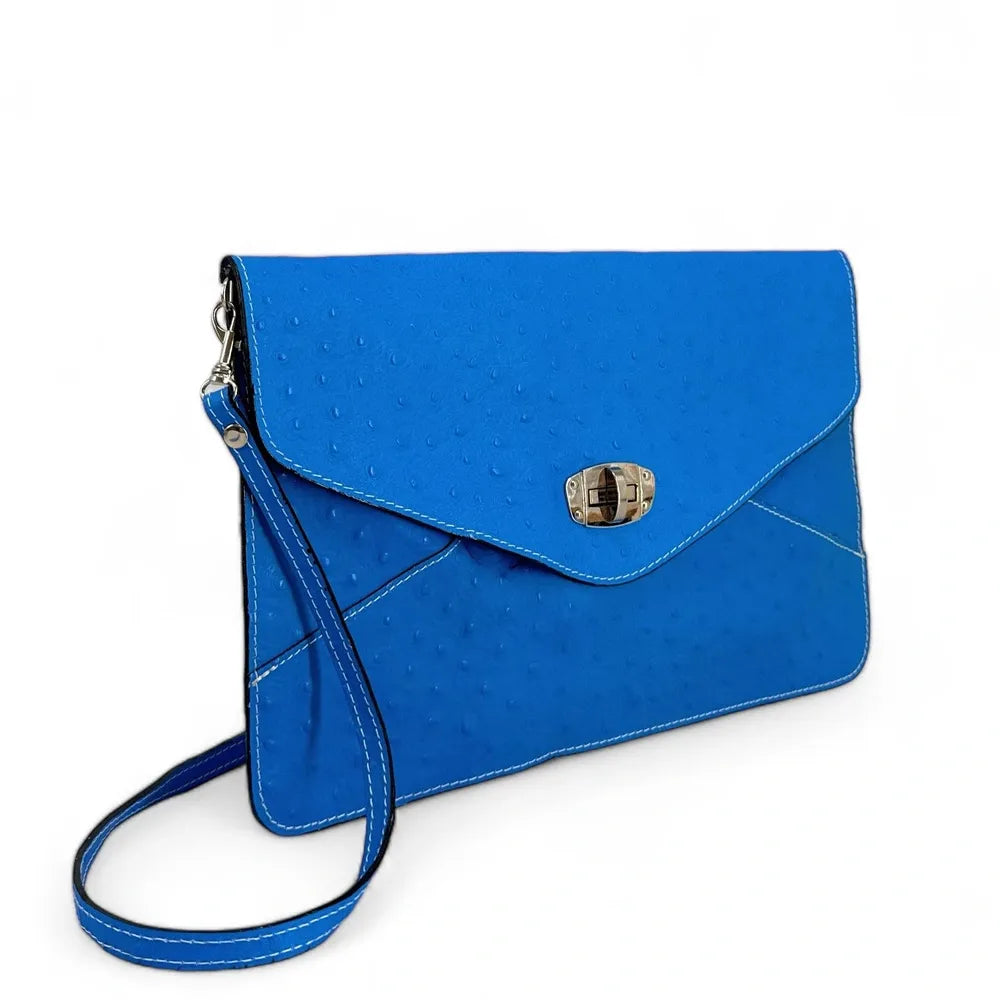 Pochette XL en cuir néon façon autruche IBIZA ROCKS Bleu fluo