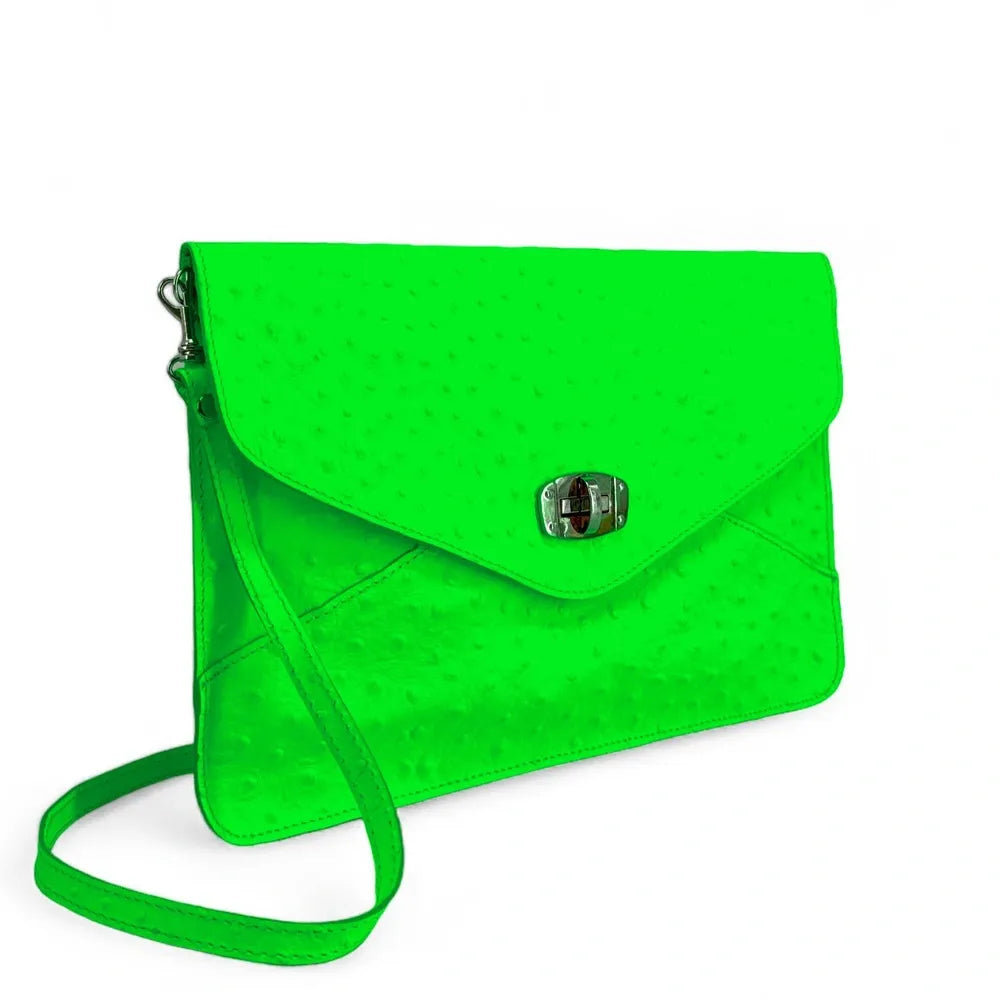 Pochette XL en cuir néon façon autruche IBIZA ROCKS Vert fluo