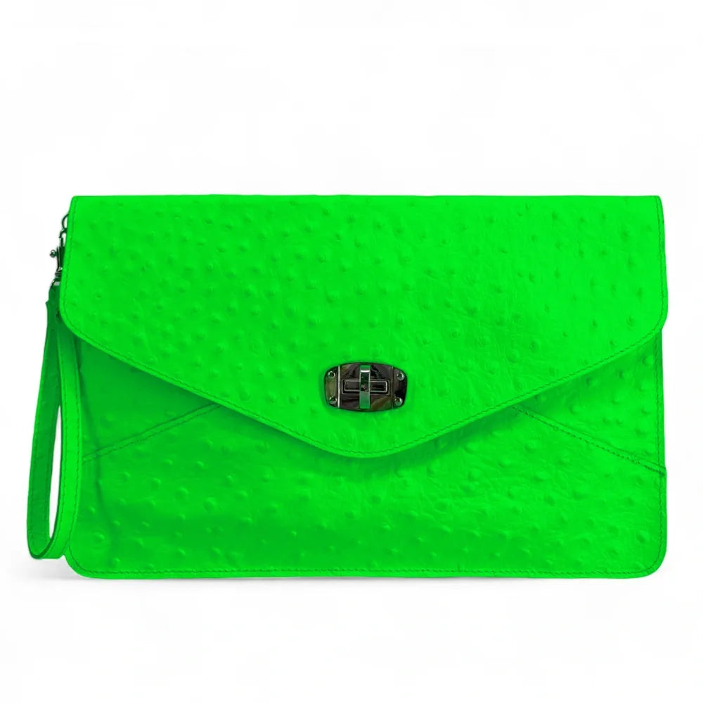 Pochette XL en cuir néon façon autruche IBIZA ROCKS Vert fluo