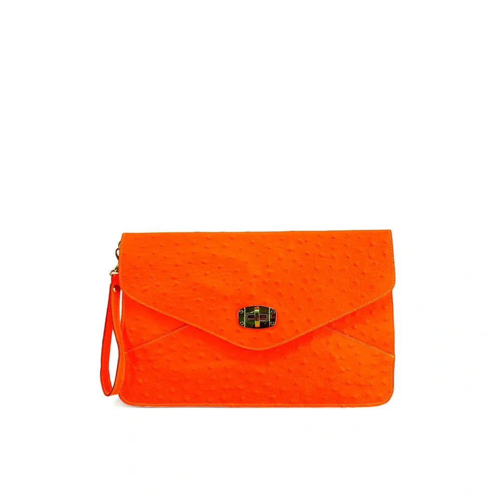 Pochette XL en cuir néon façon autruche IBIZA ROCKS Orange fluo