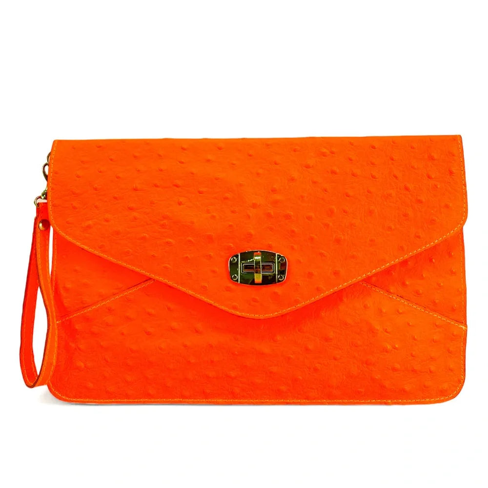 Pochette XL en cuir néon façon autruche IBIZA ROCKS Orange fluo