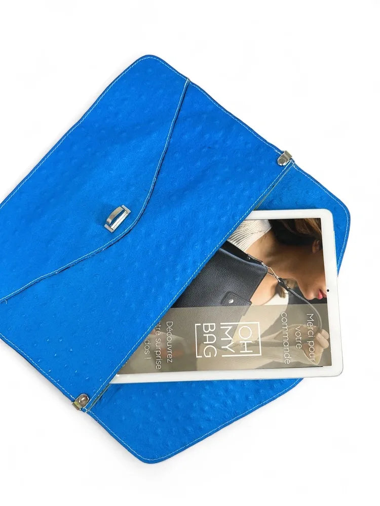 Pochette XL en cuir néon façon autruche IBIZA ROCKS Bleu fluo