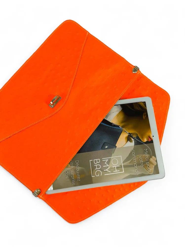 Pochette XL en cuir néon façon autruche IBIZA ROCKS Orange fluo