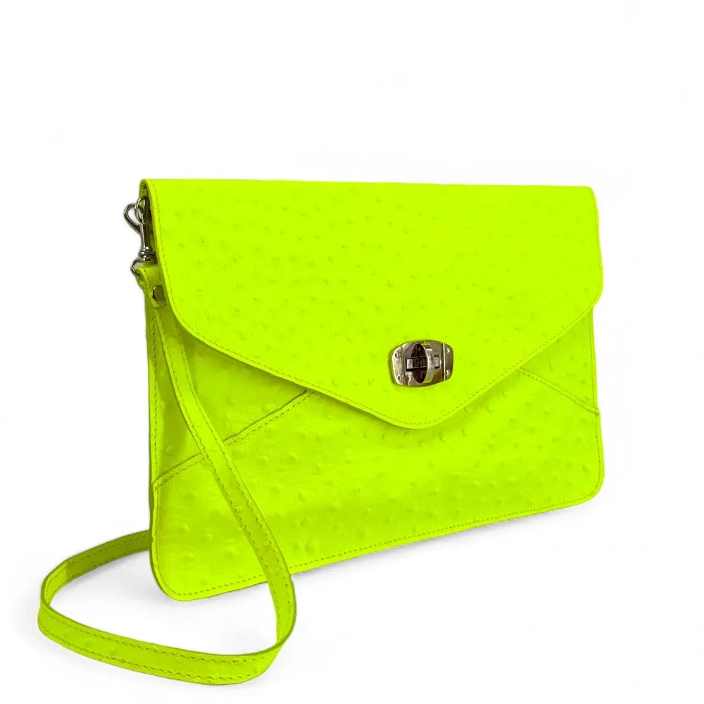 Pochette XL en cuir néon façon autruche IBIZA ROCKS Jaune fluo