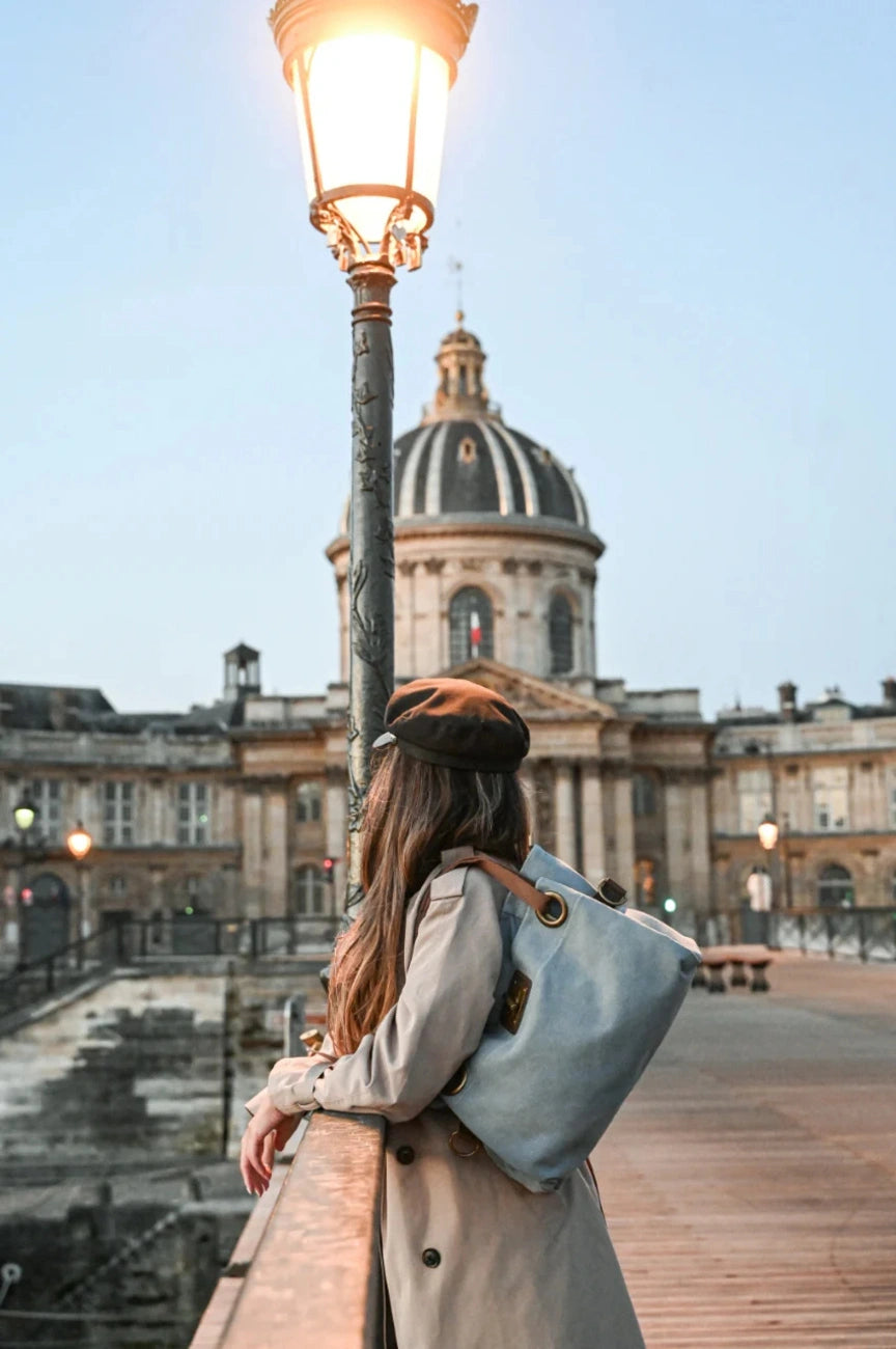 Sac porté épaule en cuir et toile TOBAGO M Bleu gris