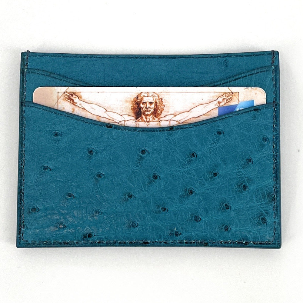 Porte-cartes cuir d'autruche édition Haute-couture Bleu canard Bleu vert canard