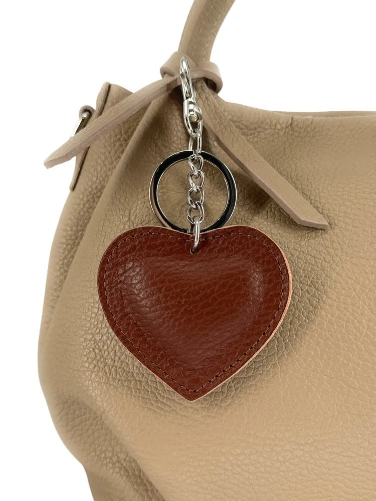 Porte-clés en cuir grainé COEUR SILVER Châtaigne