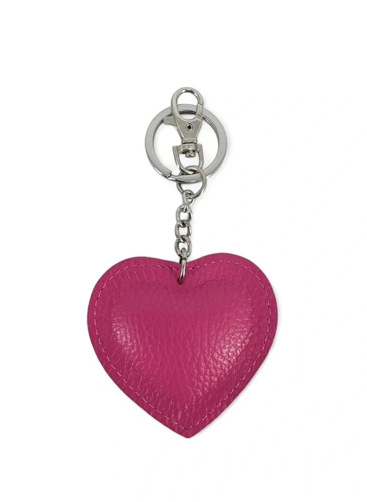 Porte-clés en cuir grainé COEUR SILVER Rose intense