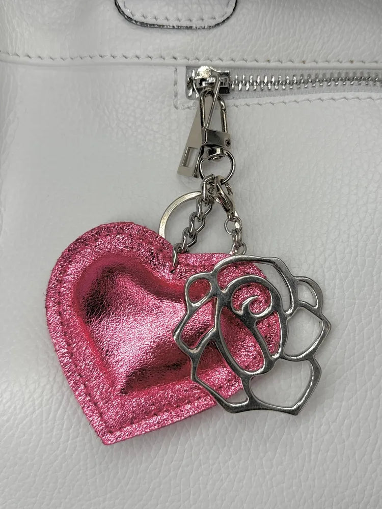 Porte-clés en cuir irisé COEUR GLOW Rose néon