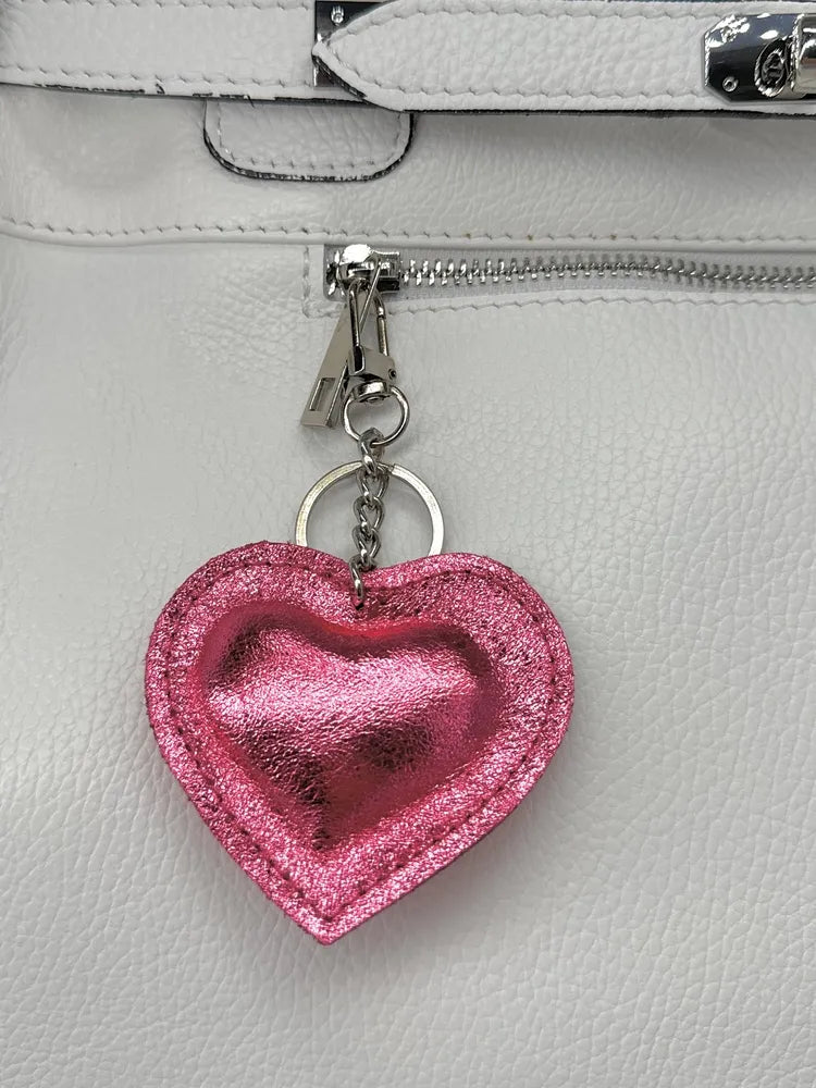 Porte-clés en cuir irisé COEUR GLOW Rose néon