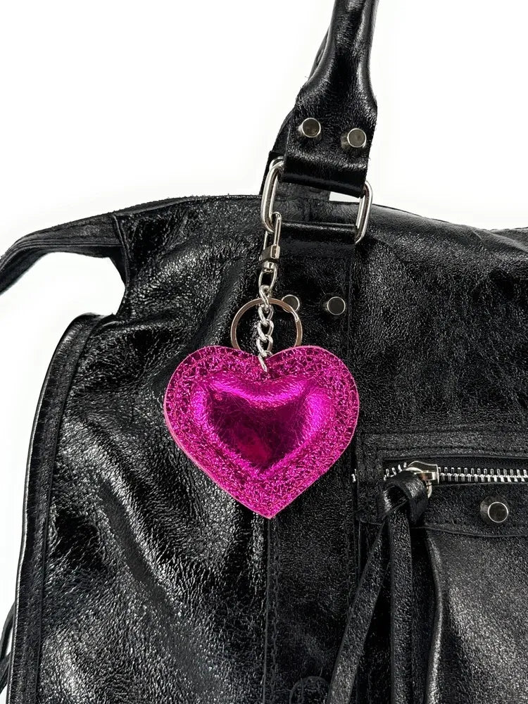 Porte-clés en cuir irisé COEUR GLOW Fuchsia irisé