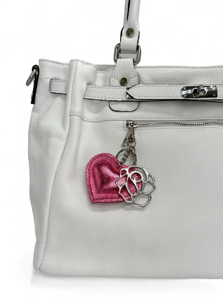 Porte-clés en cuir irisé COEUR GLOW Rose néon