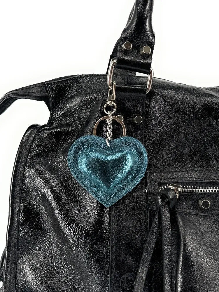 Porte-clés en cuir irisé COEUR GLOW Bleu canard irisé