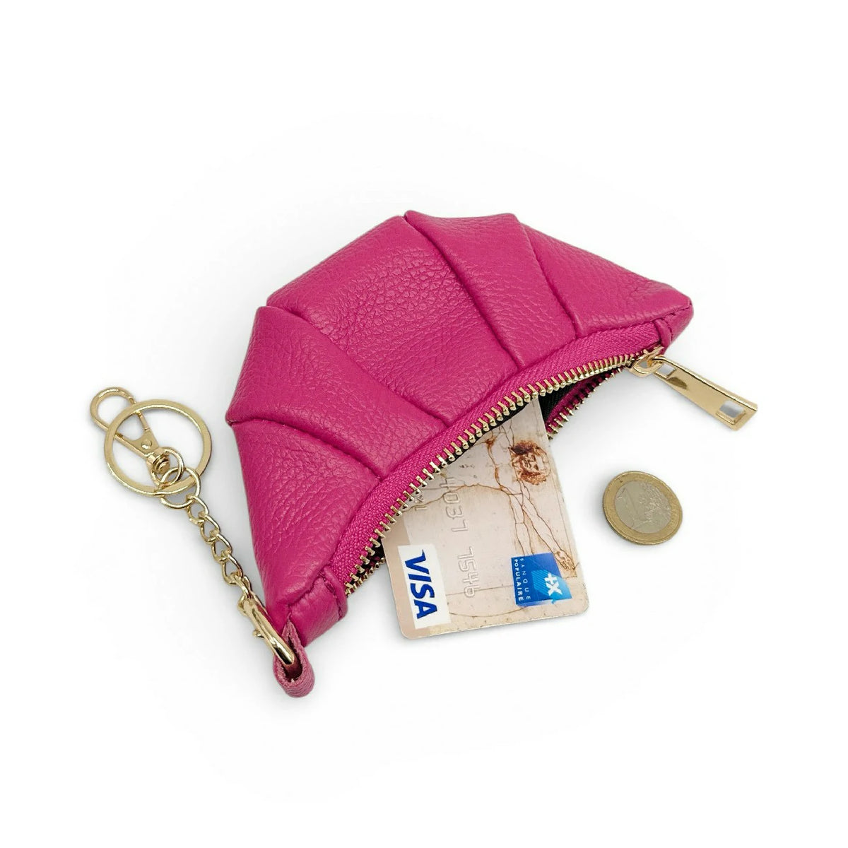 Schlüsselanhänger aus genarbtem Leder CROISSANT Fuchsia-Rosa