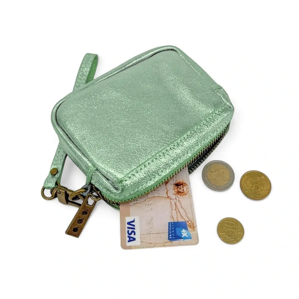 Porte-monnaie avec dragonne en cuir irisé CATCHY Menthe givrée