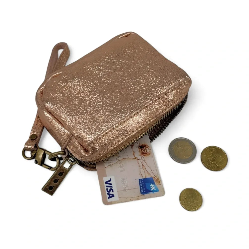 Porte-monnaie avec dragonne en cuir irisé CATCHY Rose gold