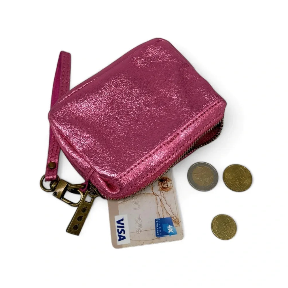 Porte-monnaie avec dragonne en cuir irisé CATCHY Rose néon