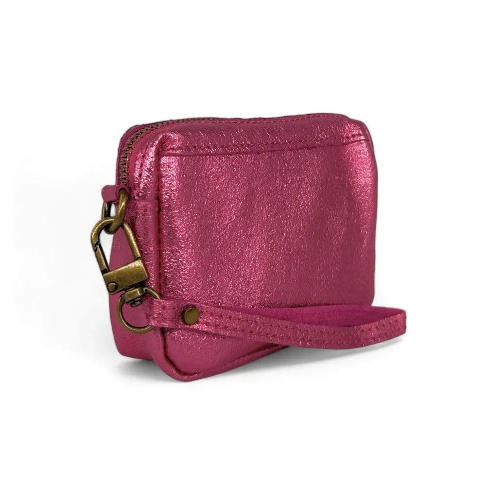 Porte-monnaie avec dragonne en cuir irisé CATCHY Rose néon