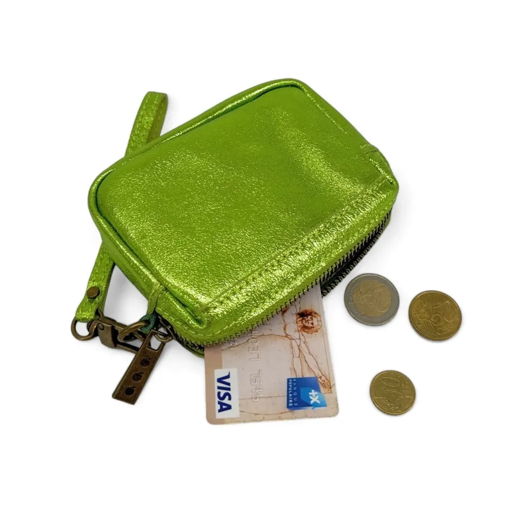 Porte-monnaie avec dragonne en cuir irisé CATCHY Vert anis irisé