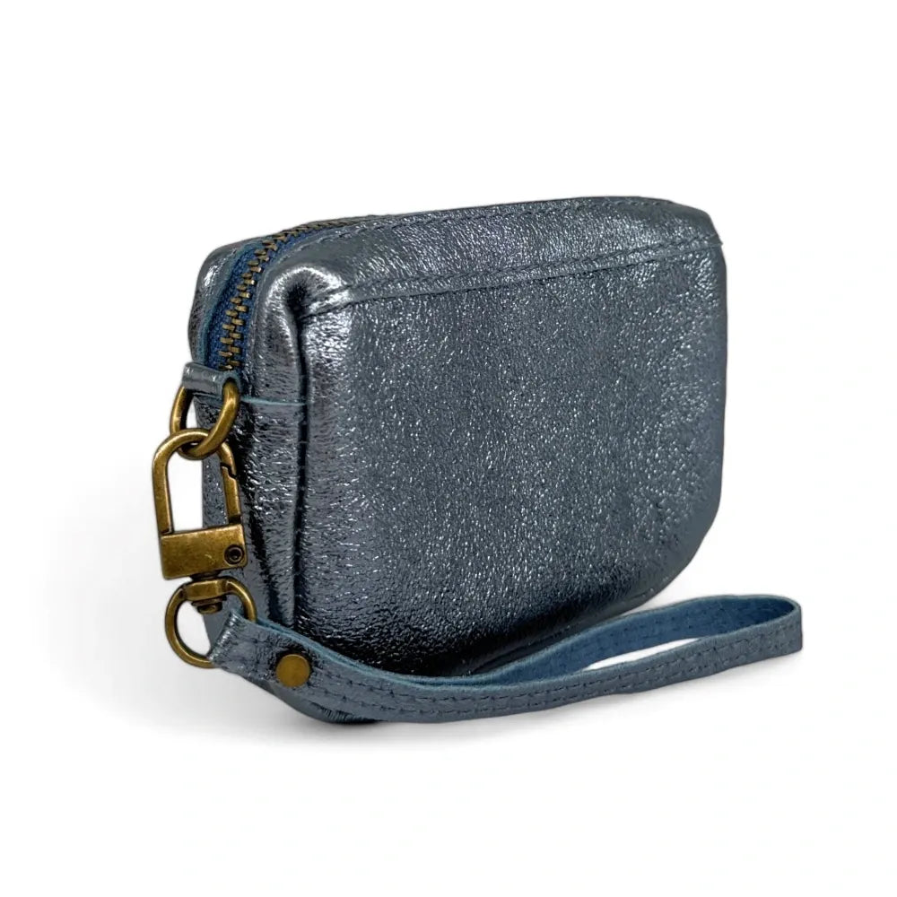 Porte-monnaie avec dragonne en cuir irisé CATCHY Bleu céleste