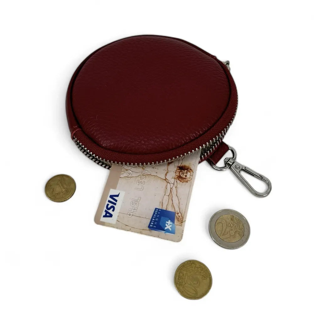 Porte monnaie en cuir grainé italien NEMO Rouge foncé