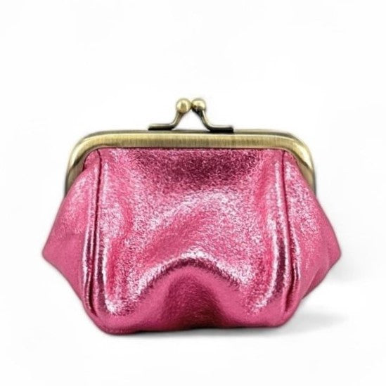 Pochette porte-monnaie en cuir irisé REINETTE Rose néon