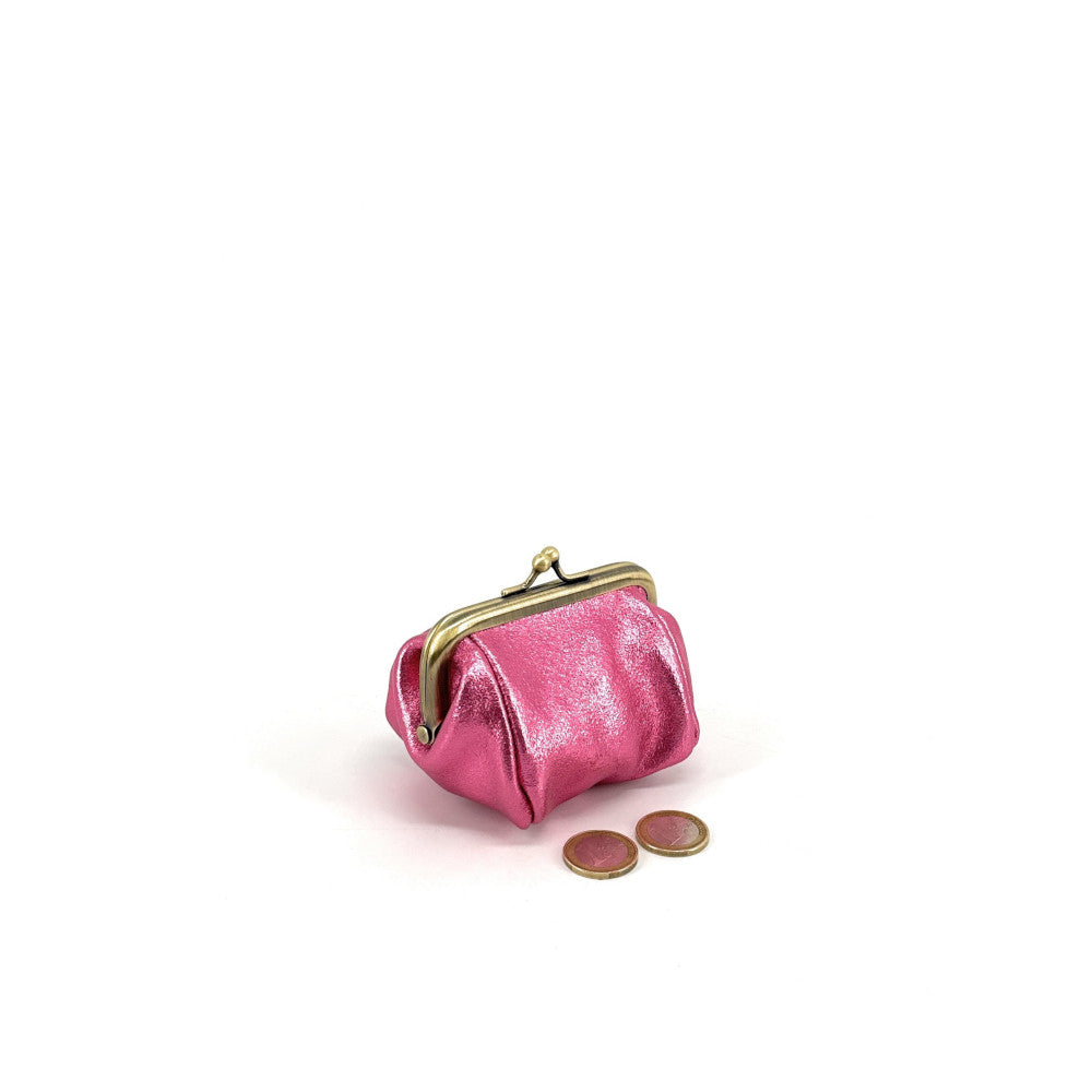 Pochette porte-monnaie en cuir irisé REINETTE Rose néon