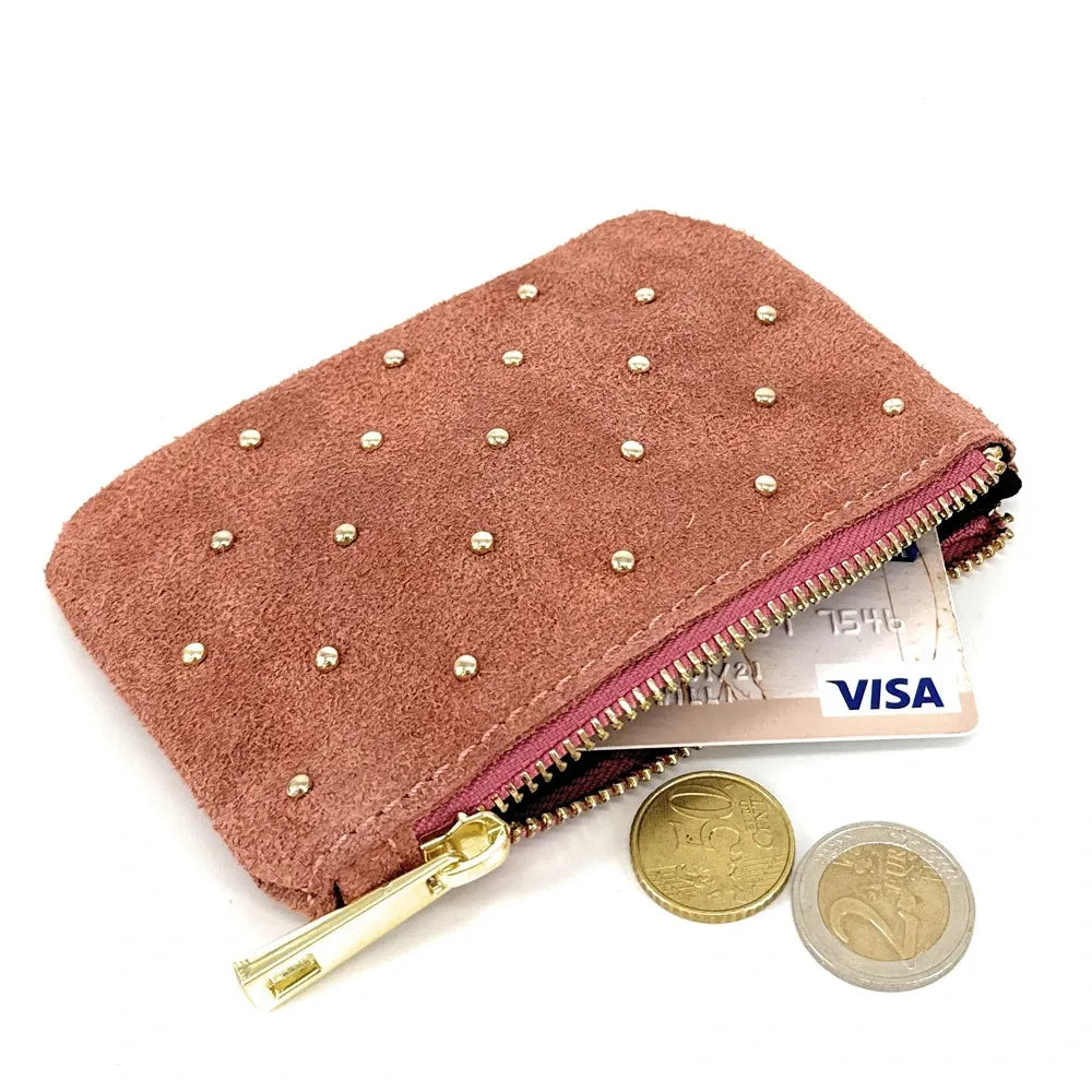 Porte-monnaie en croûte de cuir TINY DOTS Rose poudre