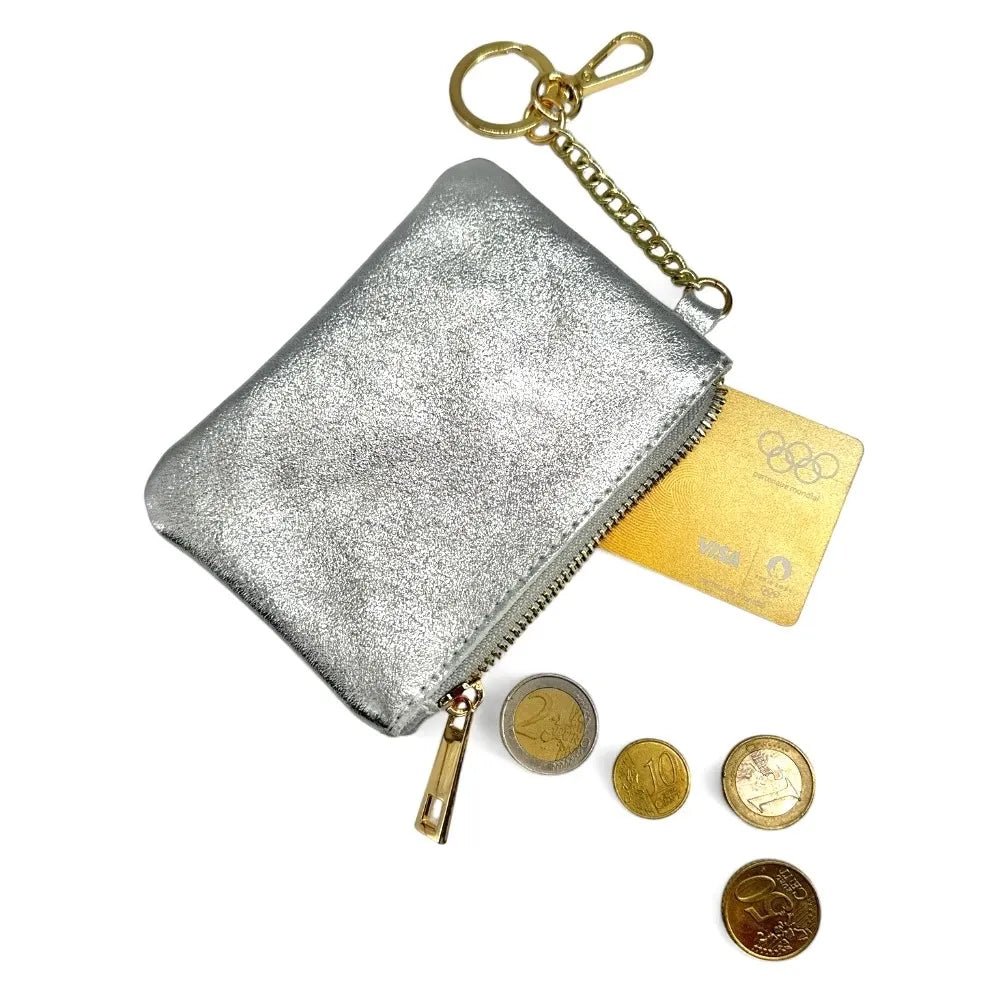 Porte-monnaie porte-clés en cuir irisé POCKET Argent clair