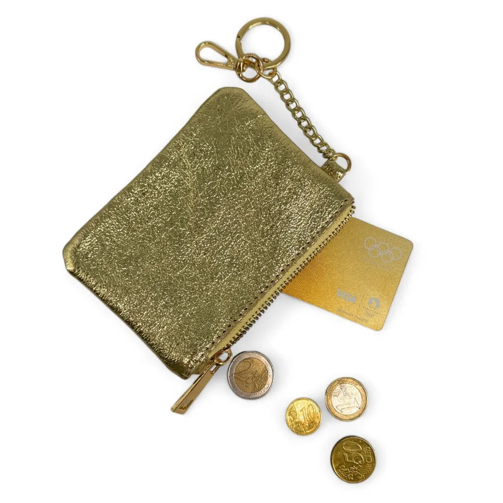 Porte-monnaie porte-clés en cuir irisé POCKET Or pâle