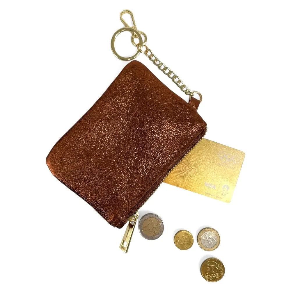 Porte-monnaie porte-clés en cuir irisé POCKET Bronze