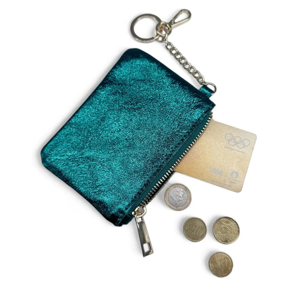 Porte-monnaie porte-clés en cuir irisé POCKET Bleu paon irisé